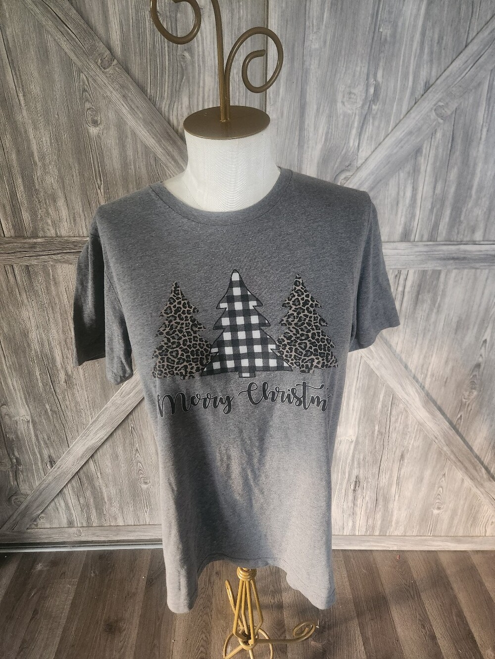 Bella Canvad Gray Holiday Tee with Plaid & Leopard Trees
